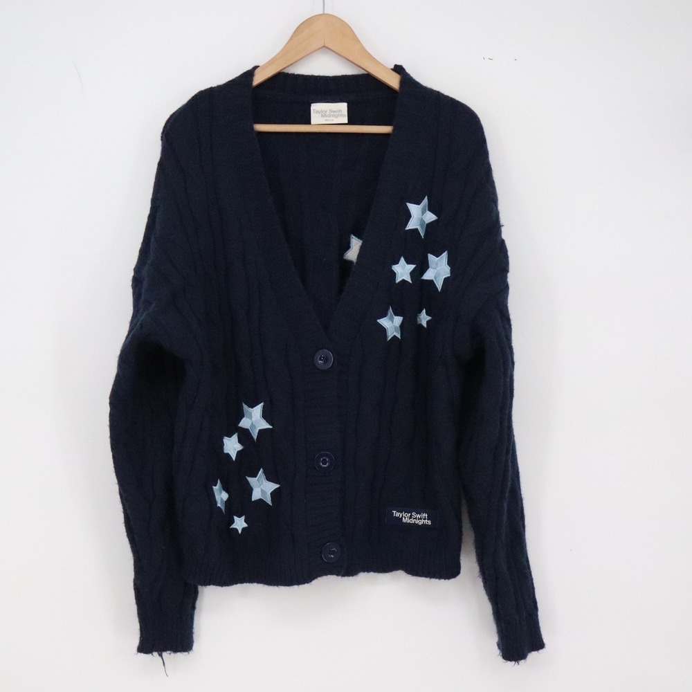 Taylor Swift Cardigan Womens M/L Midnights Star Embroidered Navy Blue Excellent